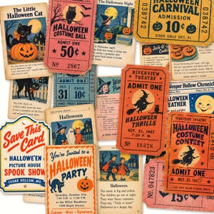 May include: A collection of vintage-style Halloween ephemera including tickets, party invitations, and storybook pages featuring illustrations of black cats, witches, pumpkins, and ghosts with text such as Halloween Costume Ball and Admit One.