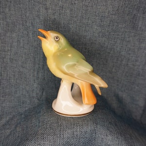 Porcelain Green and Orange Bird Figurine. Germany Hand Painted Green Warbler Passerine Bird Accessory. Art Deco Home, Office Desk Decor Gift