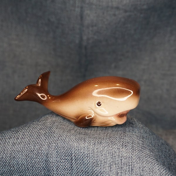 Miniature Ceramic Whale Figurine. Freeman McFarlin Miniatures Sperm Whale Figurine. California Pottery Cartoony Happy Animal Collectible