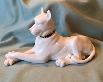 Metzler Ortloff White Great Dane Dog Figurine. Fine Bone China Porcelain White Gold Hand Painted German Dog. Art Deco Home Office Decor Gift