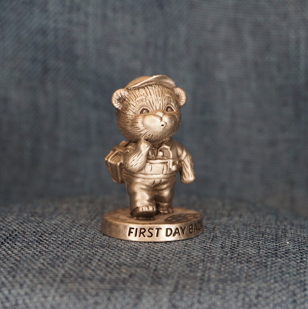 Miniature Pewter Bear Figurine. Vintage Avon First Day Back Teddy Bear