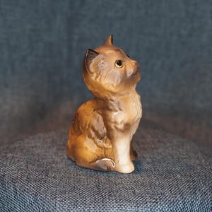 May include: A small ceramic figurine of a sitting kitten with brown and tan fur. The kitten has dark brown ears and a lighter tan chest, with its head tilted upward and eyes looking toward the right side of the frame in a seated position.