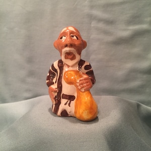 Uzbekistan Man in Striped Robe Holding Water Gourd Figurine. Hand Made Souvenir Nomad Figure. Red Clay Miniature Pottery Home Office Decor