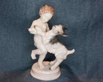 Rosenthal Cherub with Goat Figurine: Vintage Art Nouveau Porcelain Decor