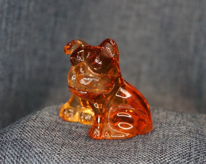 Vintage Glass Bulldog Figurine. Amber Glass French Bull Dog Terrier