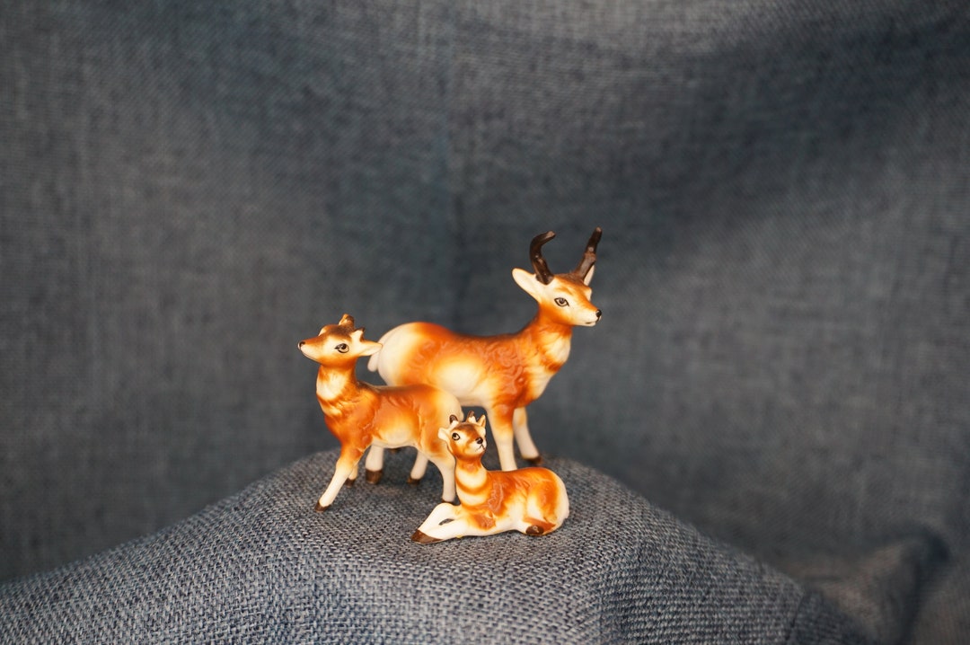 Miniature Bone China Pronghorn Antelope Figurine Set. Vintage Porcelain