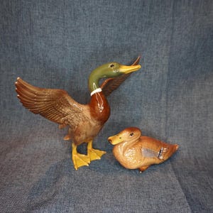 May include: Two ceramic duck figurines. One duck is standing with its brown wings spread wide, featuring a green head and a white neck ring. The second duck is smaller, brown, and depicted in a resting position with its head tucked forward.