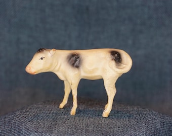 Vintage Miniature Calf Figurine: White Holstein Cow, Farm Animal Decor