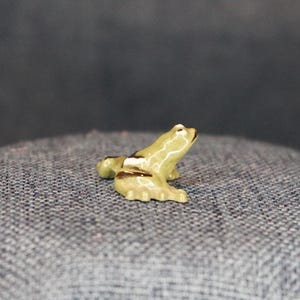 May include: A small ceramic frog figurine with green and brown markings. The frog is sitting on a blue fabric surface.