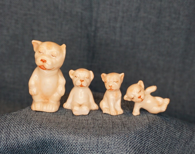 Miniature Porcelain Bonzo Dog Figurine Set. Germany Porcelain Comical