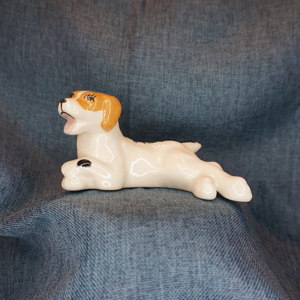 Vintage Ceramic Jack Russell Terrier Figurine. Robert Simmons Style Cartoon Happy Lying Puppy Dog Collectible. Comical Pet Animal Decor Gift