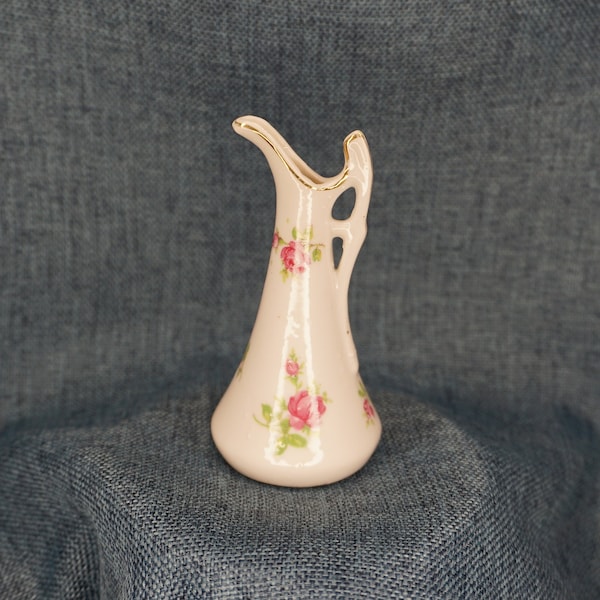 Miniature Floral Pitcher. Vintage Japan White and Gold Pink Roses Creamer Kitchen Decor. Doll House Diorama Scene Accessory Collectible Gift