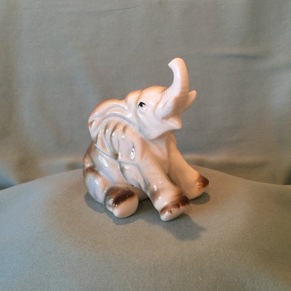 Porcelain Elephant Figurine. Vintage Bone China Taiwan Elephant Collectible. Seated Trunk Up Pachyderm. Fun Office, Desk, Vanity Decor Gift