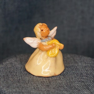 Miniature Singing Angel Figurine. Terracotta Pottery Toddler with Harp: Danish Modern Gift