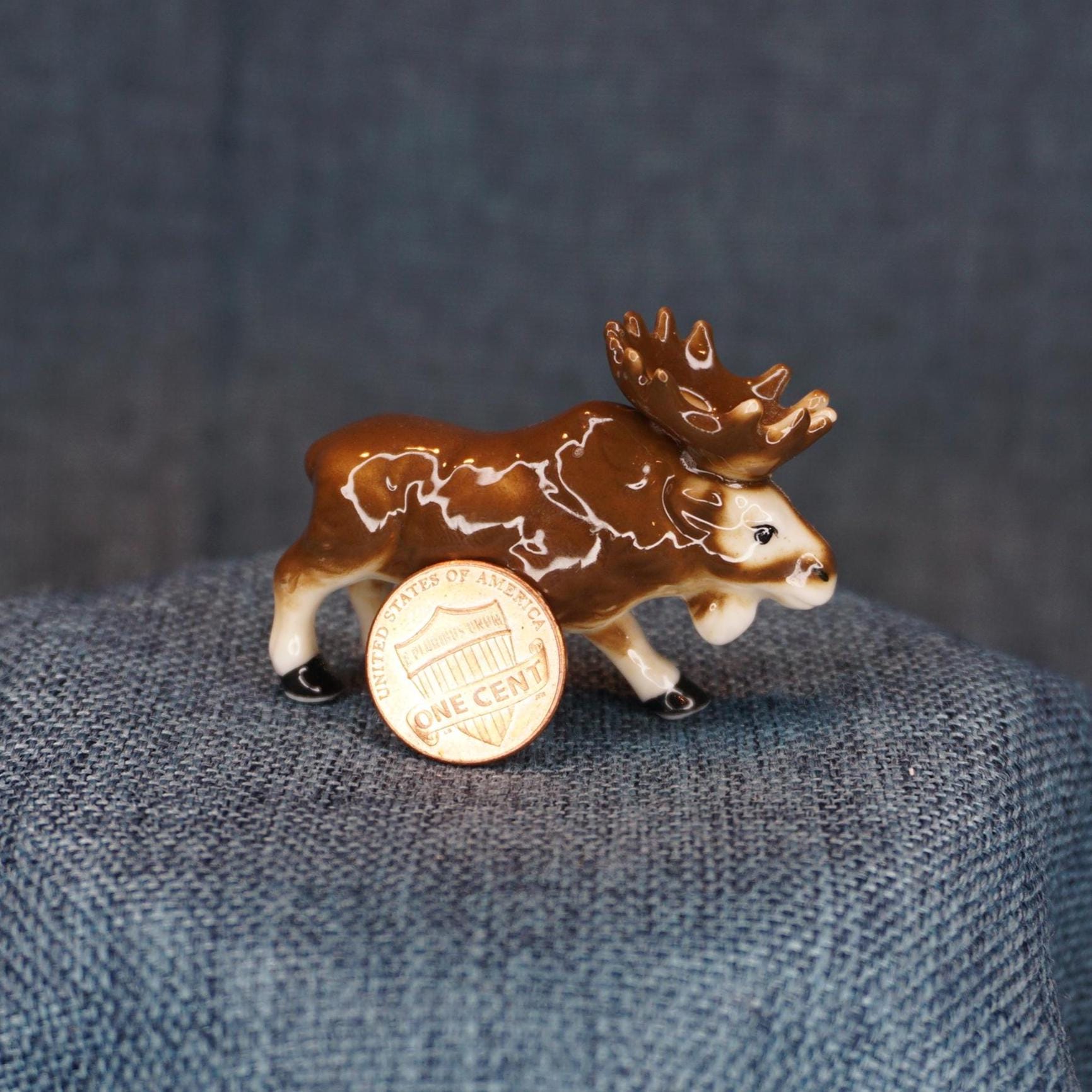 Miniature Bone China Moose Figurine. Vintage Forest Deer