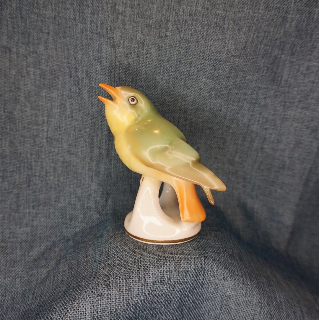 Porcelain Green and Orange Bird Figurine. Germany Hand Painted Green