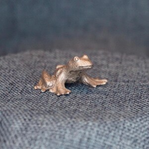 May include: A small, metallic frog figurine with a detailed texture. The frog is in a resting pose, with its front legs extended. The figurine is a bronze color and sits on a textured, blue surface.