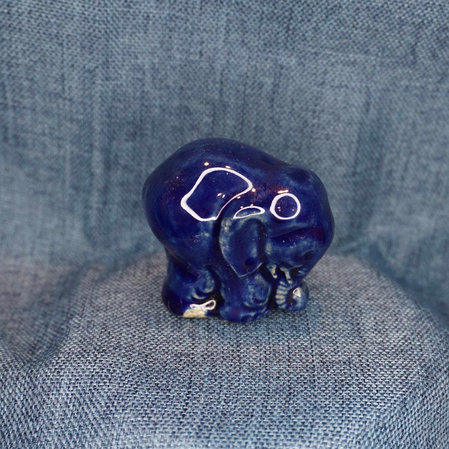 Cobalt Blue Pottery Elephant Figurine. Vintage Dark Blue