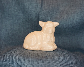 Miniature Peach Lamb Figurine. Vintage Recumbent Baby Sheep Figure. Pale Peach Glaze Ceramic Pottery Animal Collectible. Holiday Doll Decor