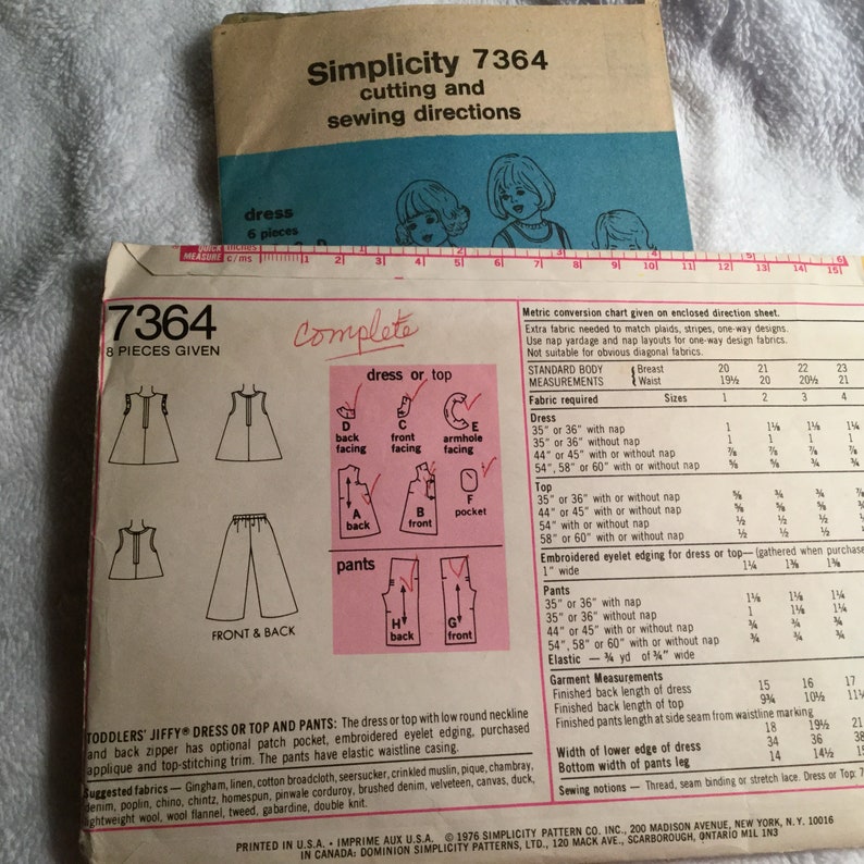 1970s Sewing Pattern for Toddler\u2019s Jiffy Dress or Top and Pants Simplicity 7364 Vintage Size 2
