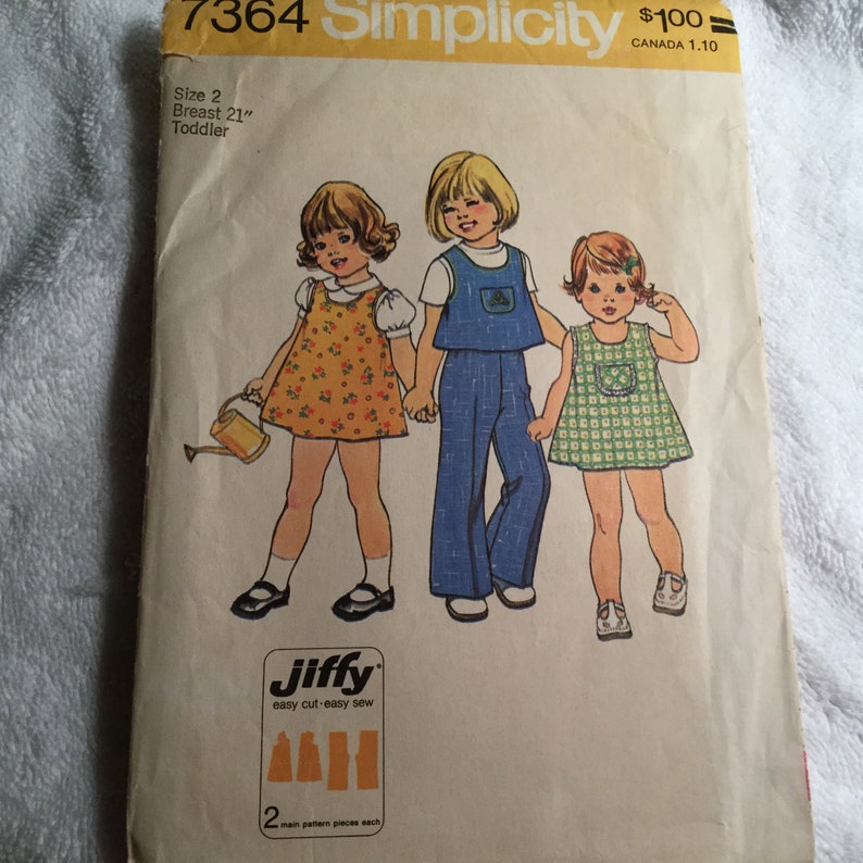 1970s Sewing Pattern for Toddler\u2019s Jiffy Dress or Top and Pants Simplicity 7364 Vintage Size 2