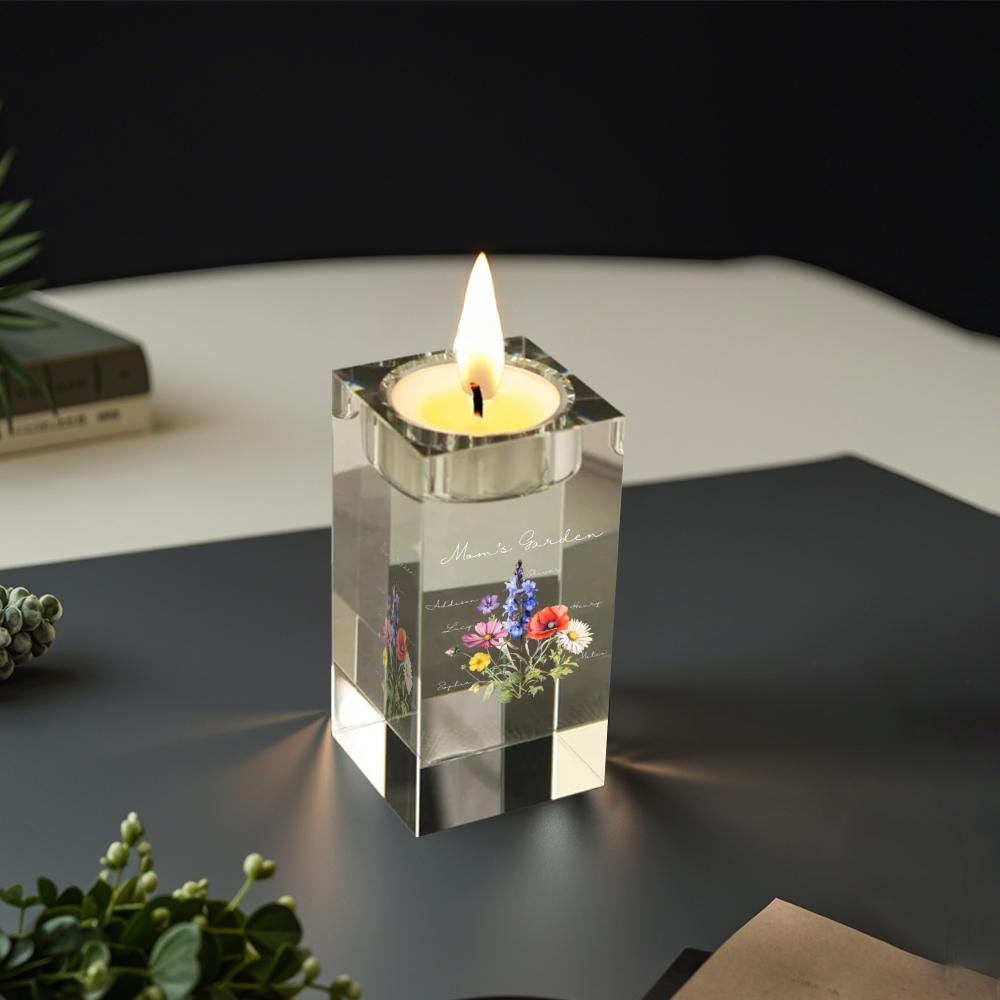 カスタムクリスタルキャンドルホルダー：誕生花ブーケ、パーソナライズ