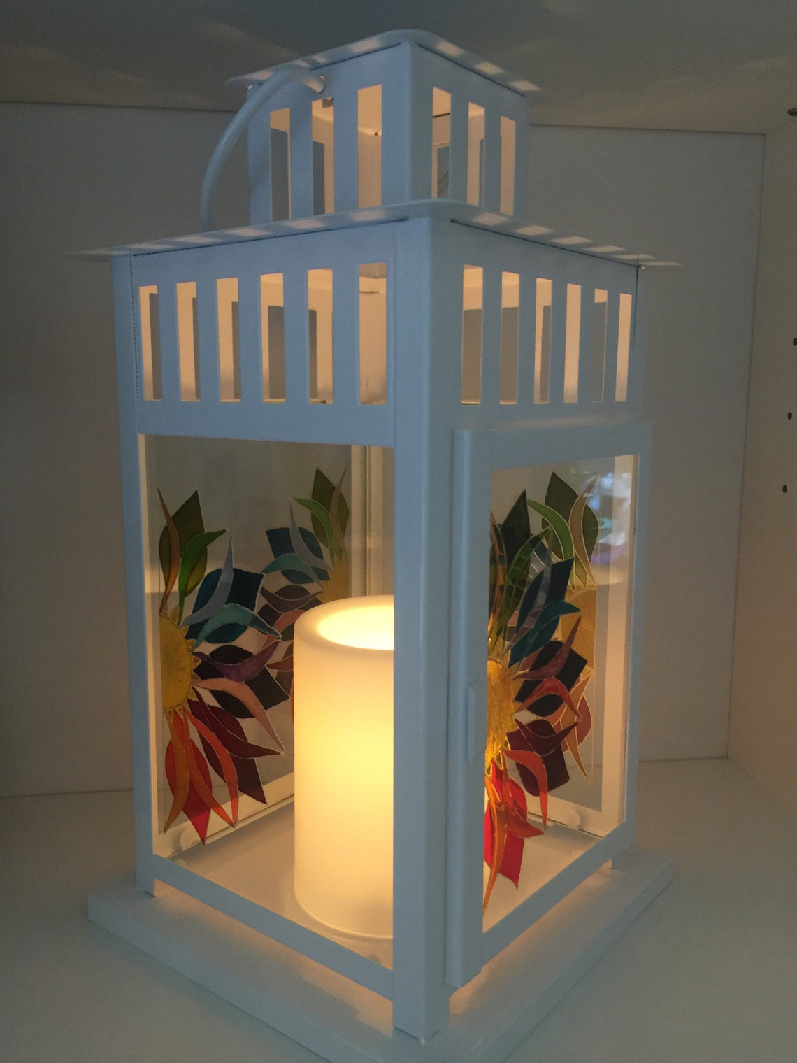 Hand Painted Large Glass Lantern. Block Candle Holder. Stained Etsy