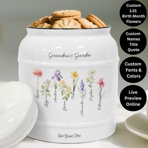 Personalized Cookie Jar with Birth Month Flowers & Names | Custom Ceramic Kitchen Jar Gift for Mom, Grandma, Family, or Housewarming