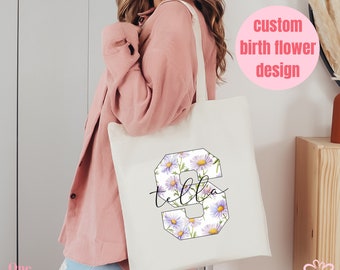 Personalized Birth Flower Name Bag, Canvas Tote Bag, Custom Name Gift Bag, Custom Birthday Gift for Her, Gift for Mom Gift Daughter Birthday