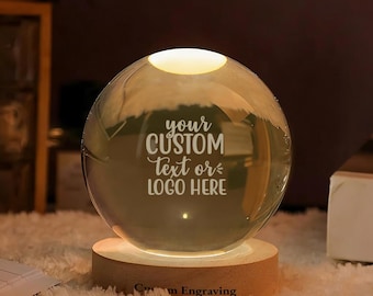 Custom 3D Engraved Crystal Globe Lamp, Personalized Photo Text Light, Wooden Base