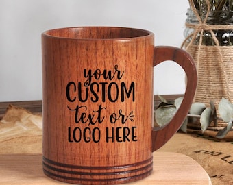 Custom Wooden Coffee Mug, Personalized Text Logo Drinkware, Rustic Natural Wood Cup