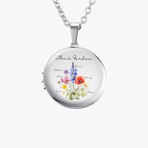 Custom Birth Flower Locket Necklace • Photo Locket with Watercolor Bouquet • Personalized Gift for Mom, Wife, Grandma