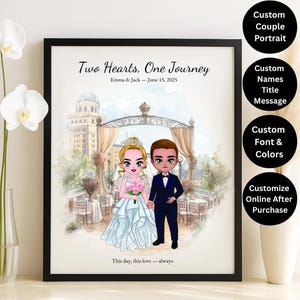 Custom Wedding Portrait Wall Art – Personalized Couple Print with Names, Date & Romantic Venue Background | Personalized Engagement Gift