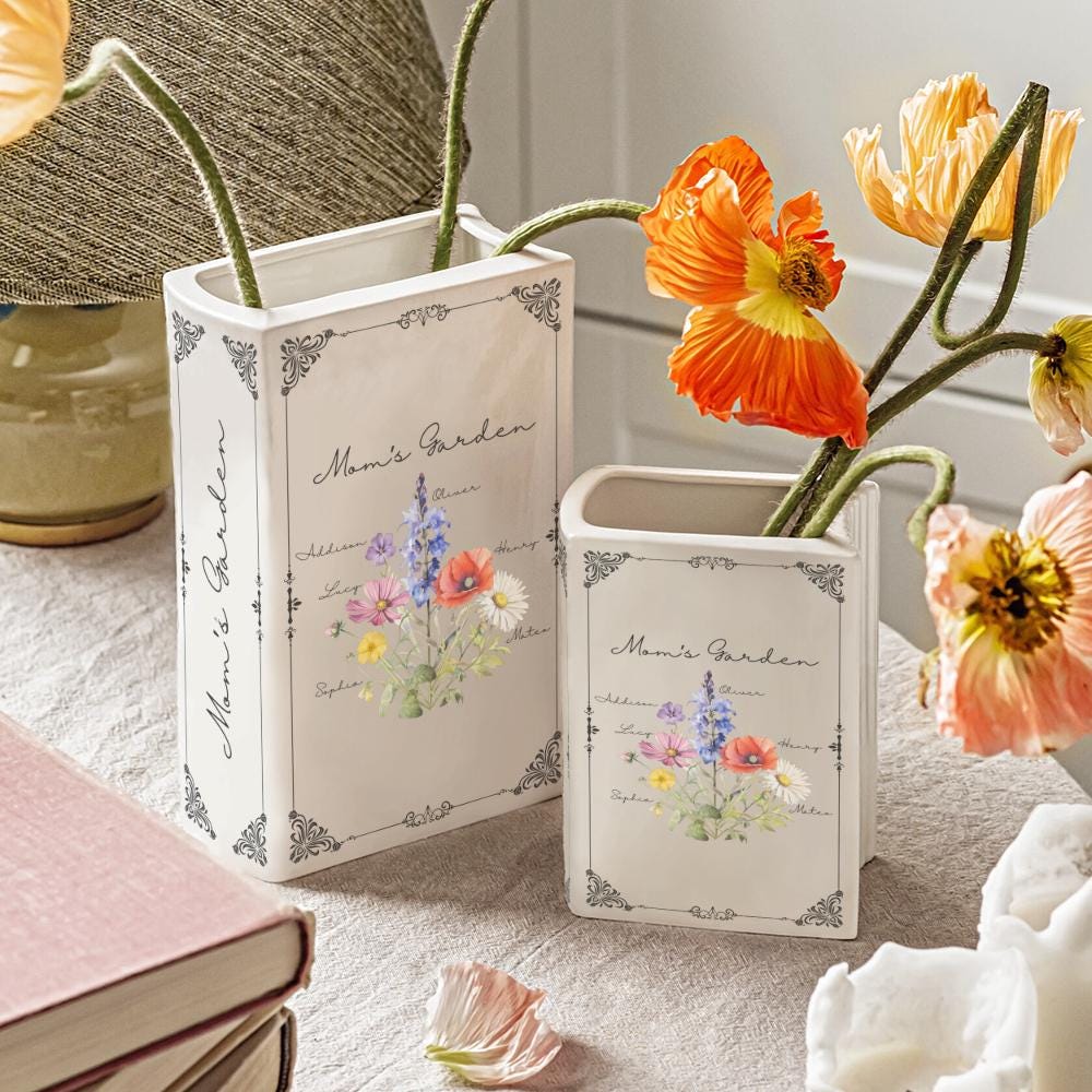 陶器製壺型花瓶 花の彫刻 ブラウン 誕生花のカスタム陶器製ブック花瓶：パーソナライズされたフラワー