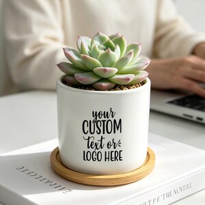 Maceta de cerámica personalizada con bandeja de bambú, maceta para suculentas con logotipo y texto personalizados.