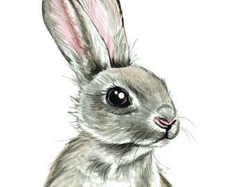 May include: Watercolor illustration of a gray rabbit with long ears and a pink nose. The rabbit's fur is detailed with shading, and its large eye has a dark pupil. The artwork is set against a white background.