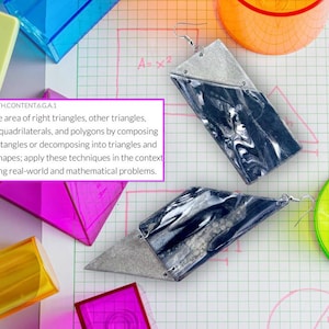 Puede incluir: Un par de pendientes geométricos con un diseño veteado en azul marino y plata. Los pendientes son rectangulares con un acento plateado diagonal. La imagen también incluye formas geométricas coloridas y texto sobre el cálculo de áreas.