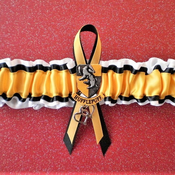 Harry Potter Themed "Hufflepuff" White Satin Wedding Bridal Garter Toss Prom Double Heart Charm