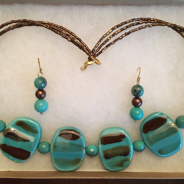 Turquoise Ceramic Glass Necklace and Earring Set