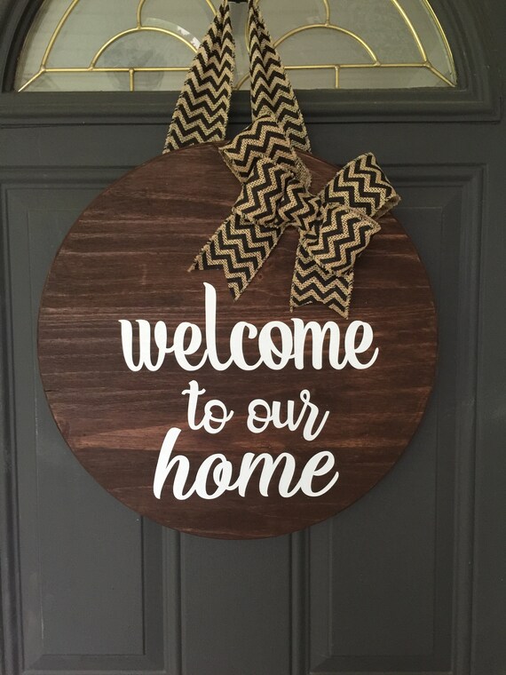 Wood Door Wreath Welcome Door Sign Door Hanger Round Wood Etsy