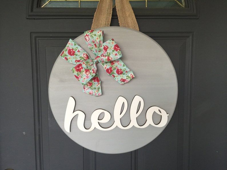 Round Gray Door Hanger Wedding Gift Hello Door Wreath Summer wreath Hello Wood Wreath Spring Door Wreath Floral Ribbon Print