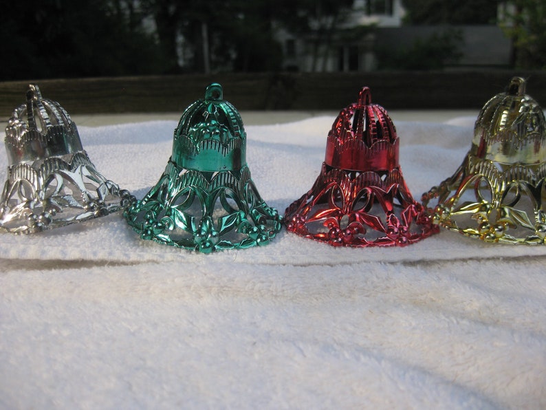 Vintage 4 Four Bradford Plastic Stenciled Filigreed Red Gold Green Silver Bells Christmas Ornaments 1940s