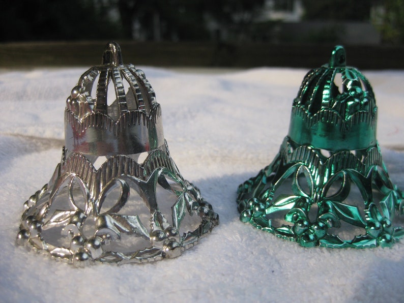 Vintage 4 Four Bradford Plastic Stenciled Filigreed Red Gold Green Silver Bells Christmas Ornaments 1940s