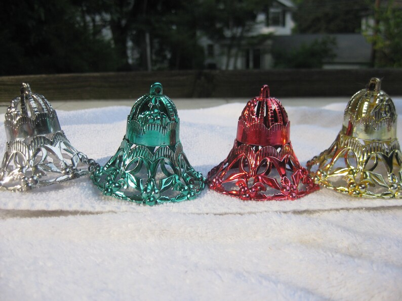 Vintage 4 Four Bradford Plastic Stenciled Filigreed Red Gold Green Silver Bells Christmas Ornaments 1940s