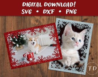 Snowflake Photo Frame Christmas Card SVG: Layered Holiday Greeting Card Papercut Template (Digital Download)