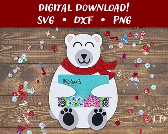 Bear Gift Card Money Holder SVG: Layered Christmas Greeting Card Papercut Template (Digital Download)