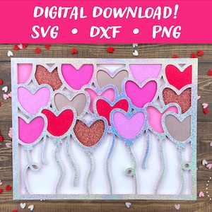 Tarjeta de San Valentín con globos en forma de corazón / Tarjeta de cumpleaños para San Valentín SVG / Archivo de corte de tarjeta SVG con corte de papel 3D / Cricut Silhouette Glowforge DIY