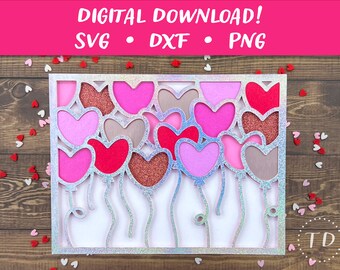 Heart Balloons Valentine's Day Card SVG: Layered Greeting Card Template Papercut File (Digital Download)