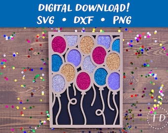 Verjaardag ballon schudkaart SVG voor Cricut | Gelaagde Happy Birthday-wenskaartsjabloon | Digitale download Svg DXF PNG