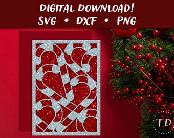 Candy Cane Christmas Card SVG: Layered Papercut Greeting Card Template (Digital Download)